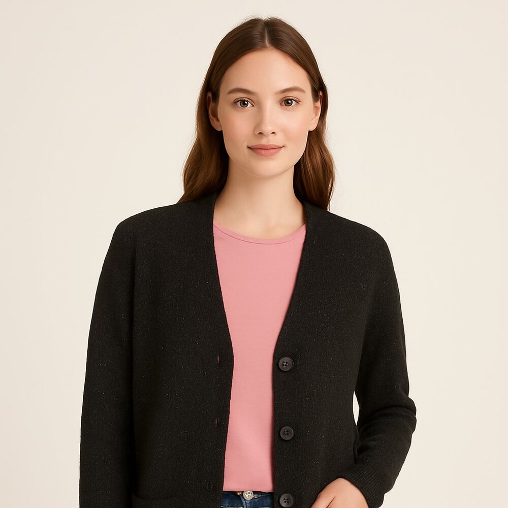 COS Women’s 100% Wool Speckled V-Neck Cardigan Sweater – Gray – Size XS